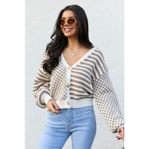 Pink Lily Samara Checkered and Stripes Brown Cream Button Oversized Cardigan